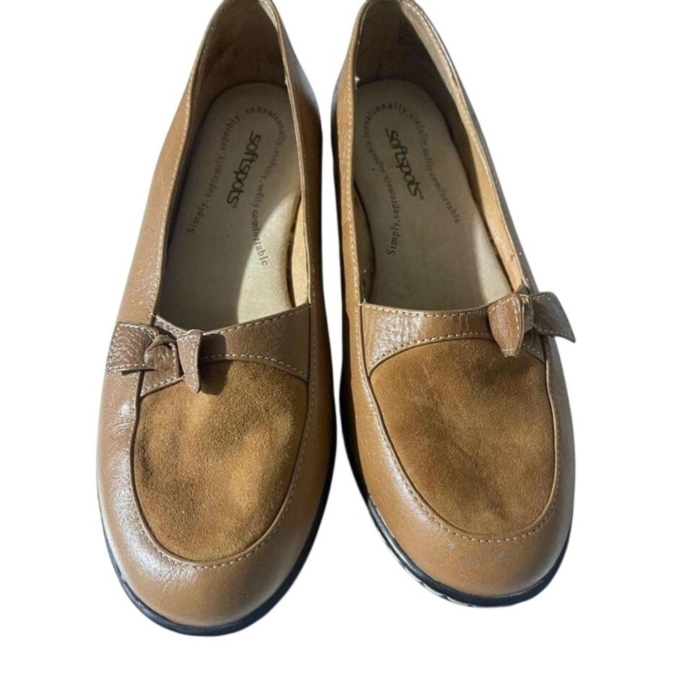 Softspots Women Tan Brown Leather Suede Bow Slip On Loafers Comfort Shoes SZ8